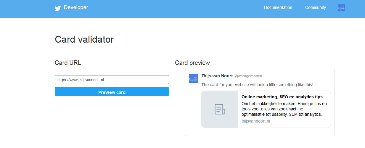 Afbeelding preview in de Card Validator van Twitter