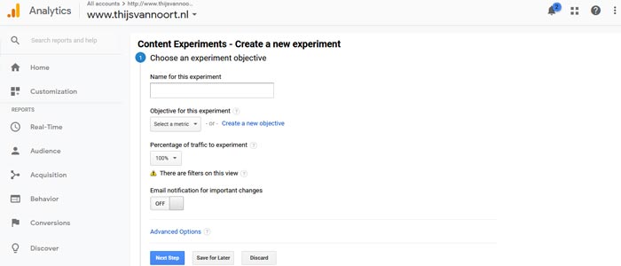 A/B test met Inhoud experimenten in Google Analytics